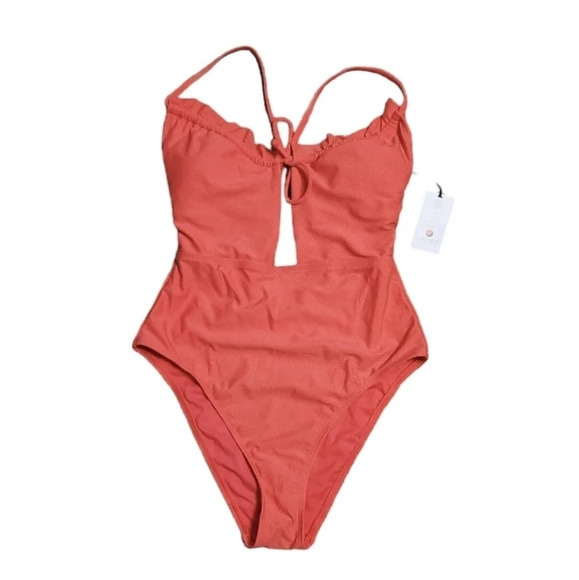NWT Shade & Shore Women's Front Cut-out Ruffle Detail 1 PC Swimsuit S 4-6 - Picture 2 of 6
